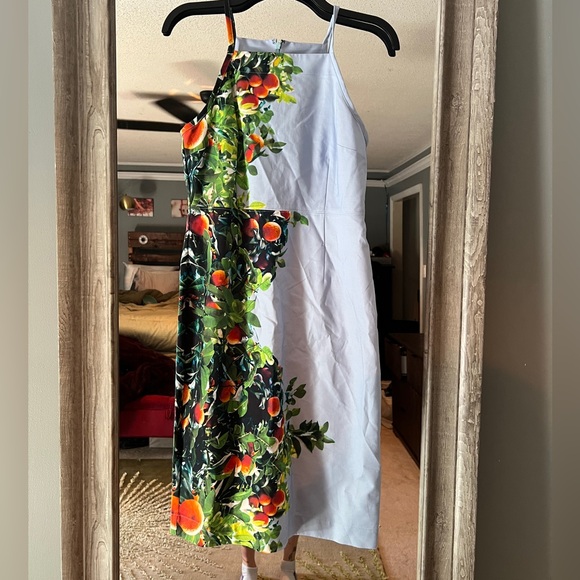 Anthropologie Maeve Midi Dress 4p Orange Bough Sheath Stretch Blue High Neck - Picture 7 of 14